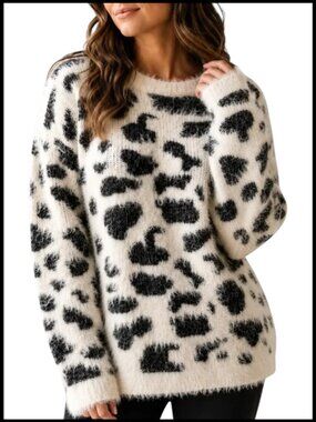 Raga Sweater Cream Black Leopard Eyelash Knit XS